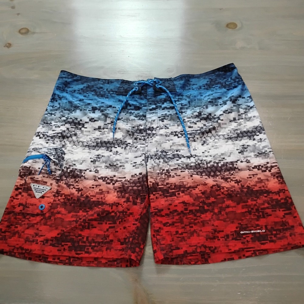 Columbia PFG Board Shorts Mens 42 Blue Red White Pattern Swim Tie Front Fishing